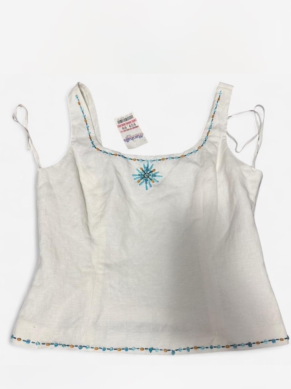 Vintage Jessica Howard White Embroidered Linen Tank Top with Blue Accents